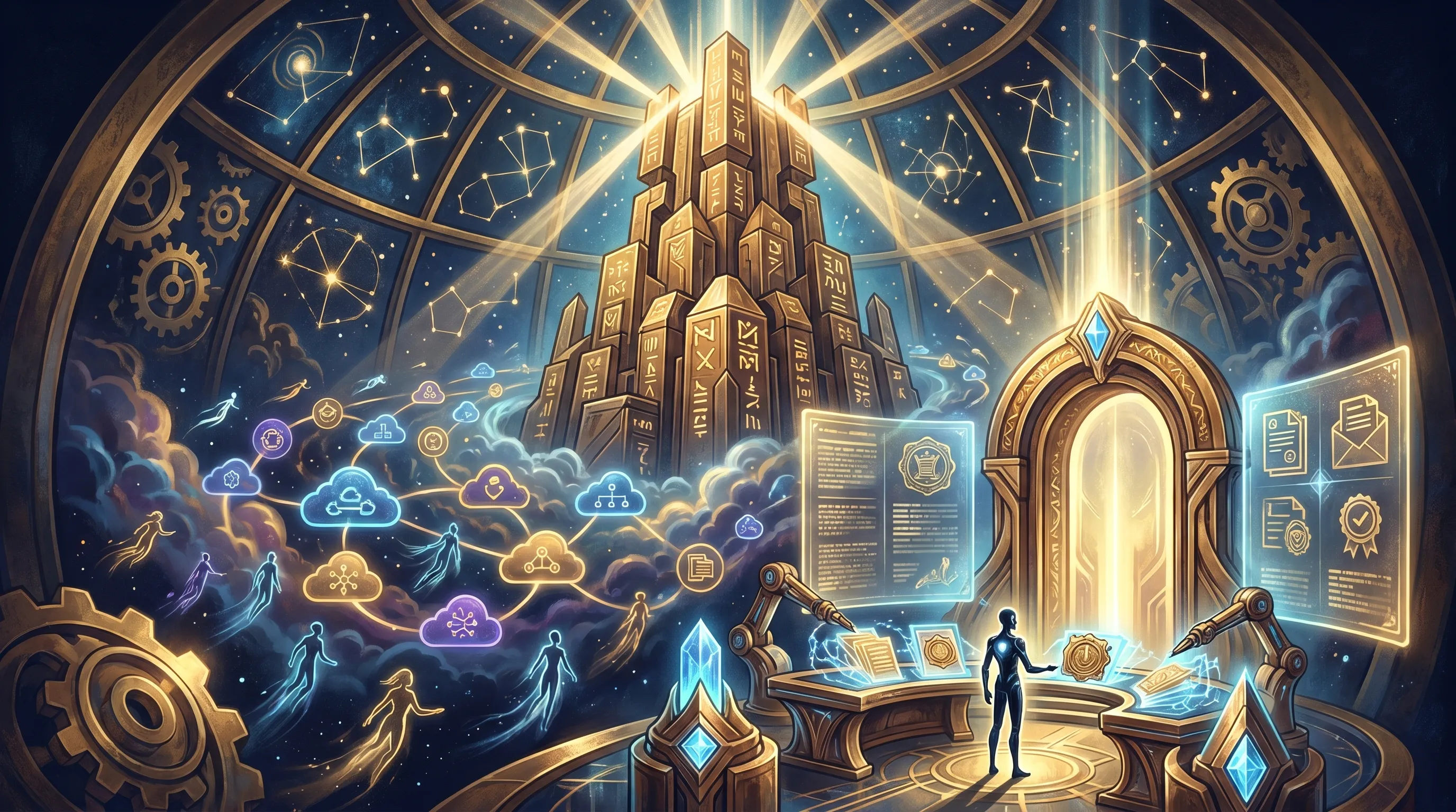 A blue and gold cosmic enterprise control plane watching many agents while a separate proof gate checks evidence bundles and approval records before release
