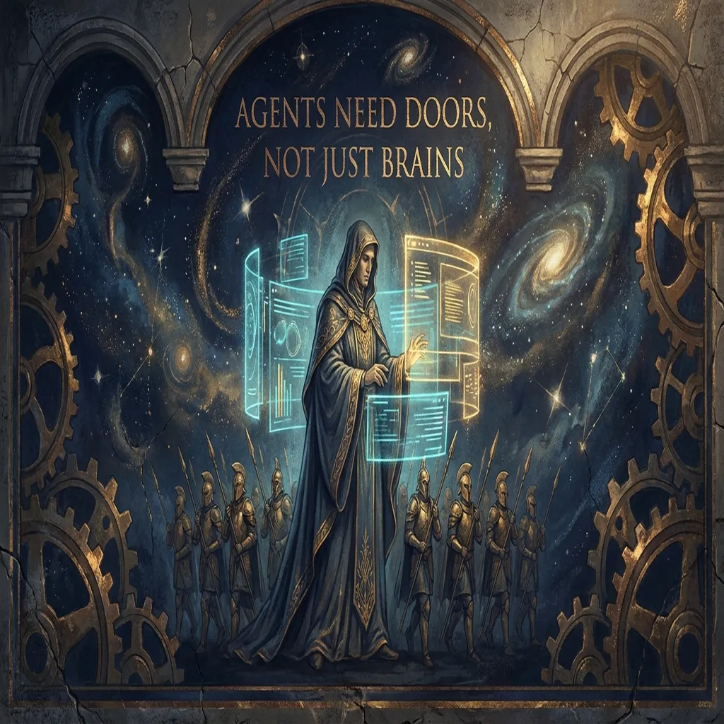 A deep blue and gold vault hallway where robed operators guide agent systems through glowing doors, file artifacts, webhook signals, and proof bundles