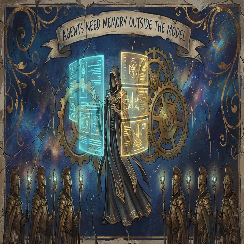 A cosmic archive hall where autonomous agents consult glowing plan tablets outside the model's context window.