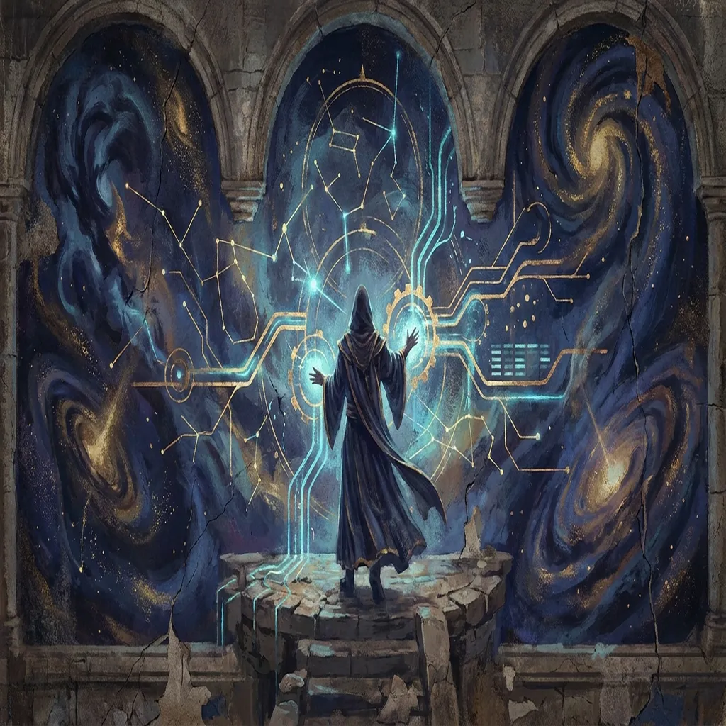 A cosmic frontier fresco of robed AI operators guiding file streams, payment rails, and governance constellations through a deep blue and gold vault