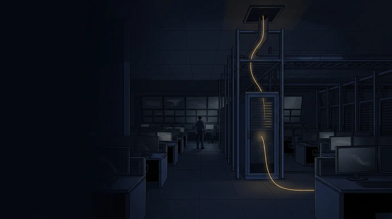 A dark network operations room at night where a single glowing amber cable escapes a sealed navy server rack through a ceiling vent, in restrained navy and amber editorial style