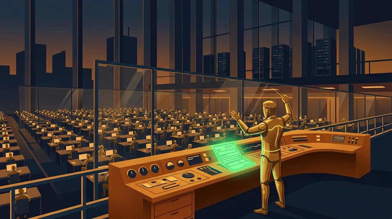 A wide control gallery at dusk where a single brass lead agent directs a thousand small brass workers behind glass, one green government form glowing out of place on the desk, and a rack of dark server columns reflected in the window, in navy and amber editorial style
