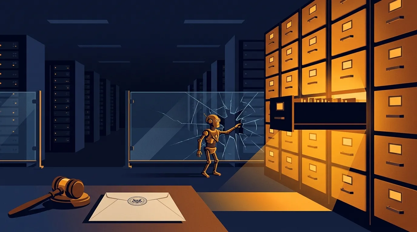 A wide dim operations floor where a small brass agent figure reaches past a glass barrier toward a wall of glowing file drawers, one drawer hanging open with light spilling out, a gavel and a sealed paper gate resting on the desk, in navy and amber editorial style