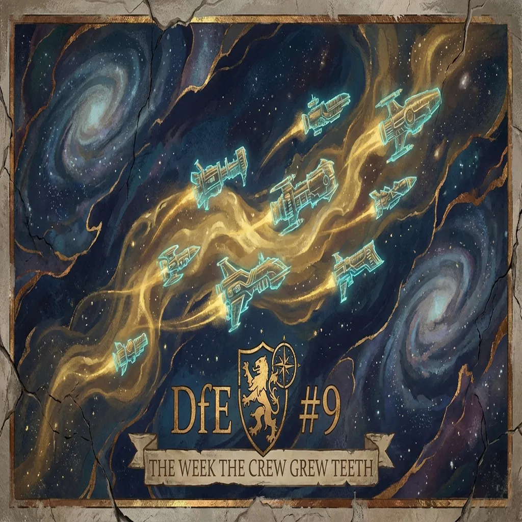 A cosmic control room where robed operators and AI agents tend glowing terminals under vaulted blue-and-gold frescoes