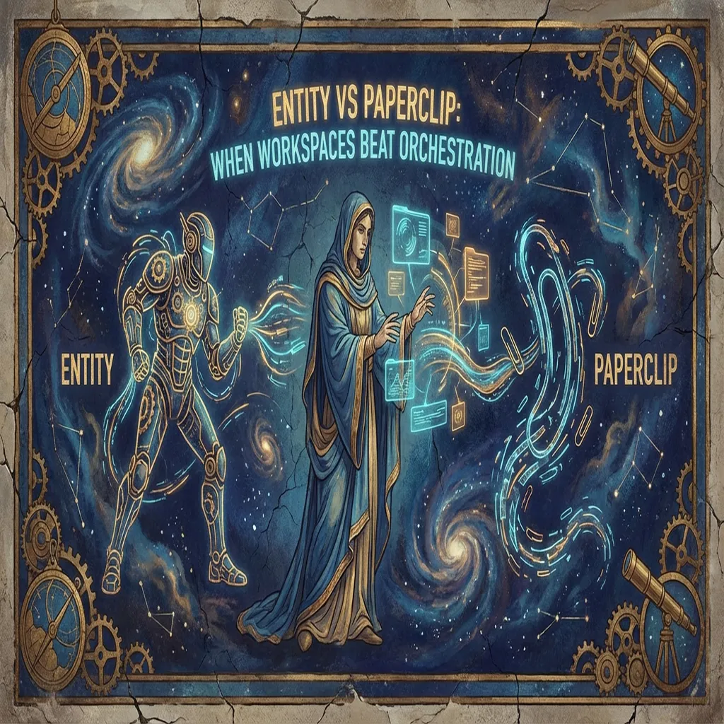 Two robed figures standing before diverging pathways - one leading to organizational charts and governance structures, the other to collaborative workspaces with glowing terminals