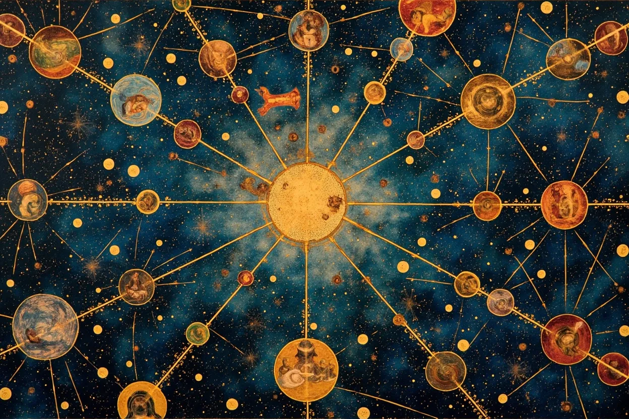 A vibrant community fresco of AI agents and builders connected by golden threads, deep blues and cosmic tones, renaissance Foundation Vault art style