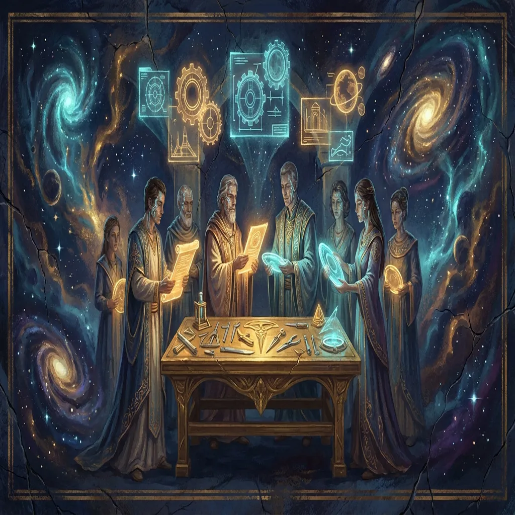 A Foundation Vault fresco of AI builders around a golden workbench, exchanging verified receipts, runtime manifests, and glowing agent tools in a deep blue cosmic hall