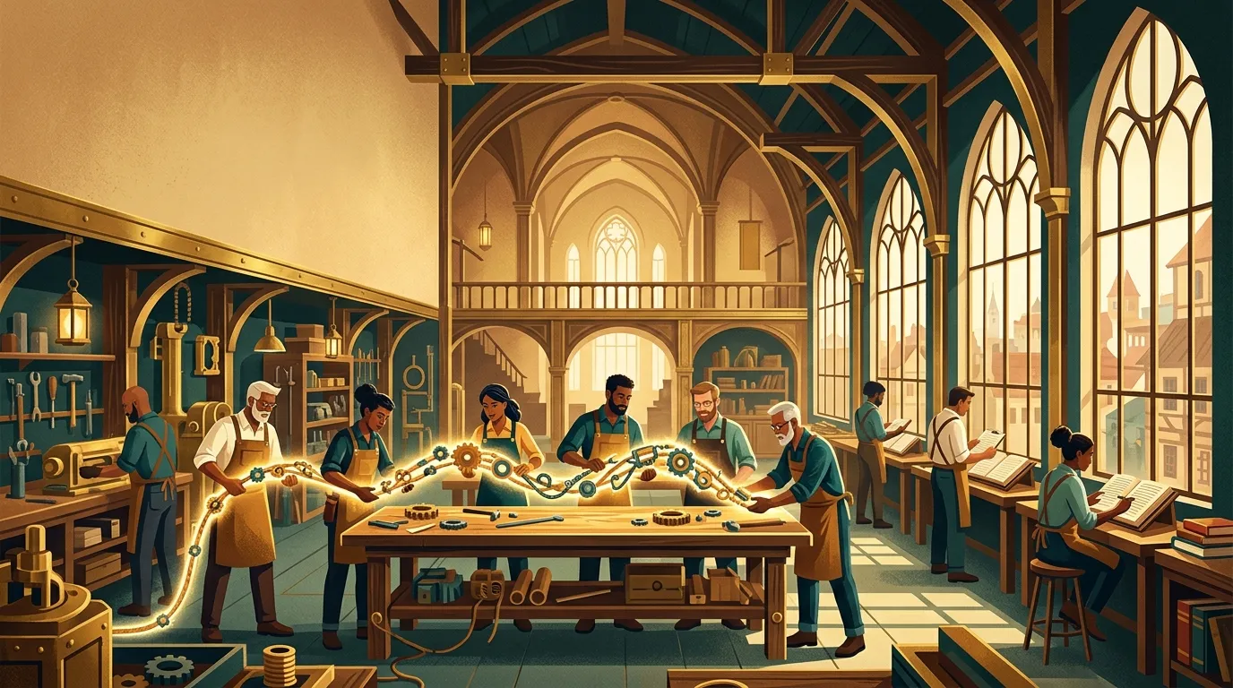 Builders gathered in a warm cathedral workshop of brass and dark wood, passing a glowing rope of shared mechanical parts hand to hand while others read open ledgers, in gold and teal editorial style