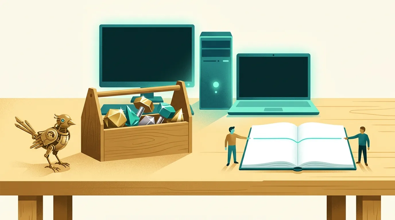A wide bright workbench where a small brass bird agent stands beside an open toolbox of shining model weights, a desktop machine and a laptop glowing softly behind it, and a shared notebook passed between two agent figures, in gold and teal editorial style