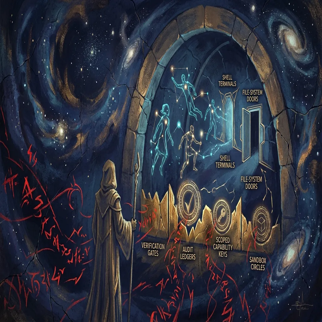 A Foundation Vault style fresco of chaotic AI agents stopped by golden verification gates before reaching shell terminals and file-system doors