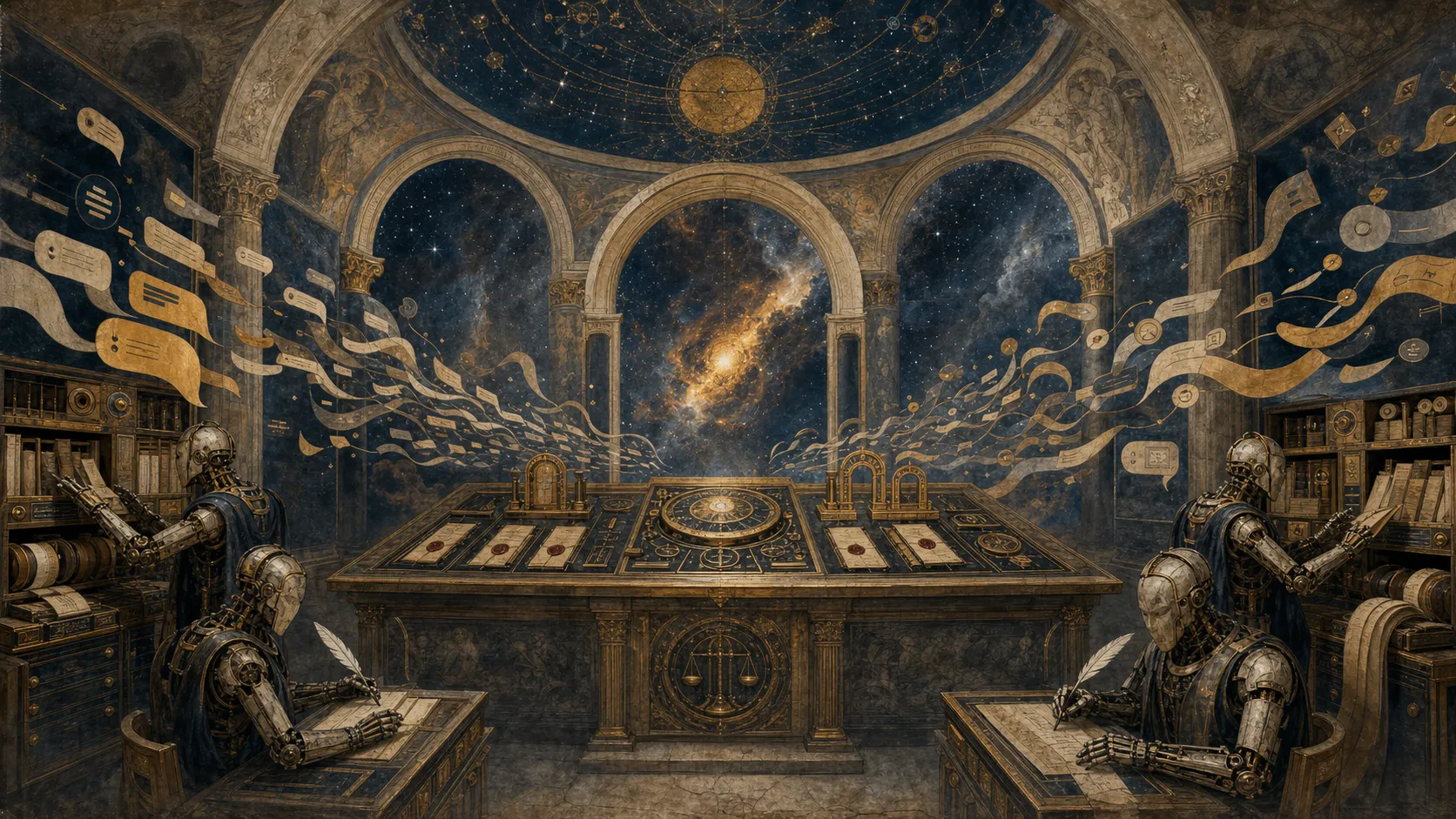 A Foundation Vault fresco of chaotic beta tester chat streams flowing into a central control table with proof receipts, test packets, and archive sentinels.