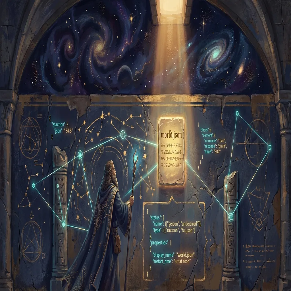 A robed architect stands before a vault wall of glowing entity graphs and star charts — world.json rendered as cosmic architecture