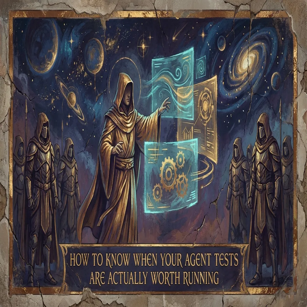 An ancient vault fresco showing robed scholars testing mechanical constructs against cosmic backdrops