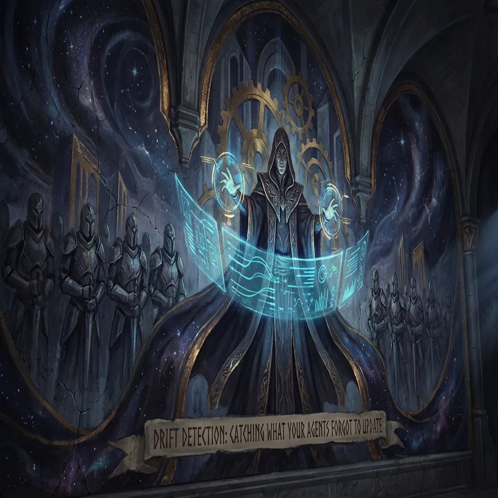 Sentinel figures monitoring glowing infrastructure nodes for drift and decay