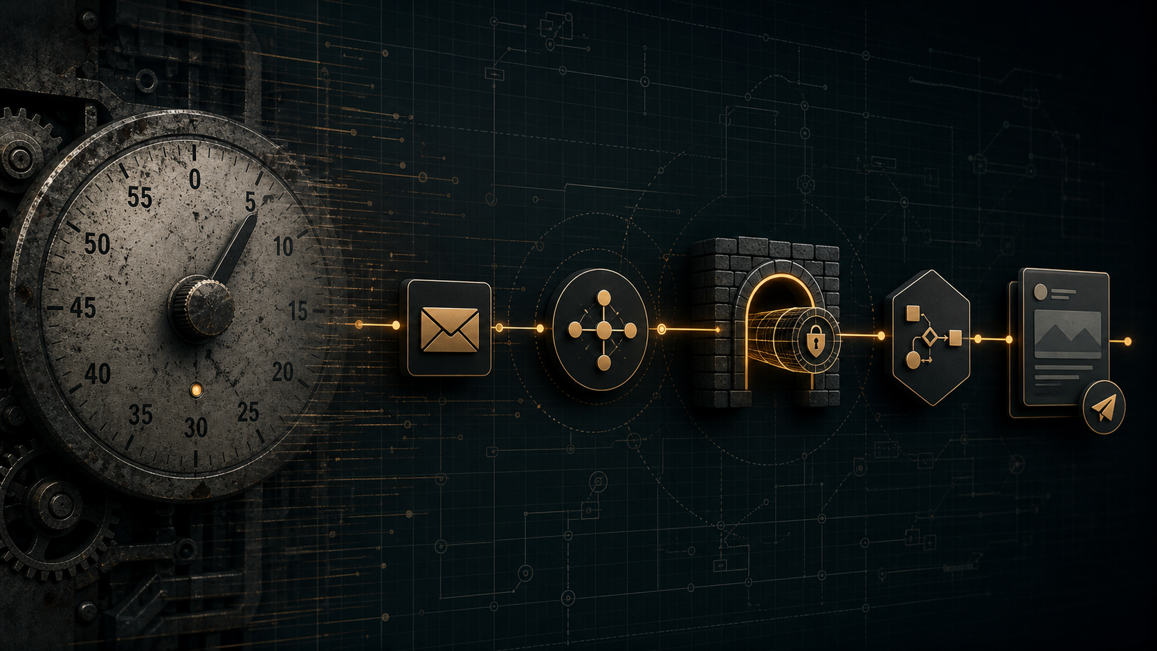 Industrial release automation pipeline showing a polling dial giving way to event-driven mail, Pub/Sub, tunnel, workflow, and staged draft nodes.