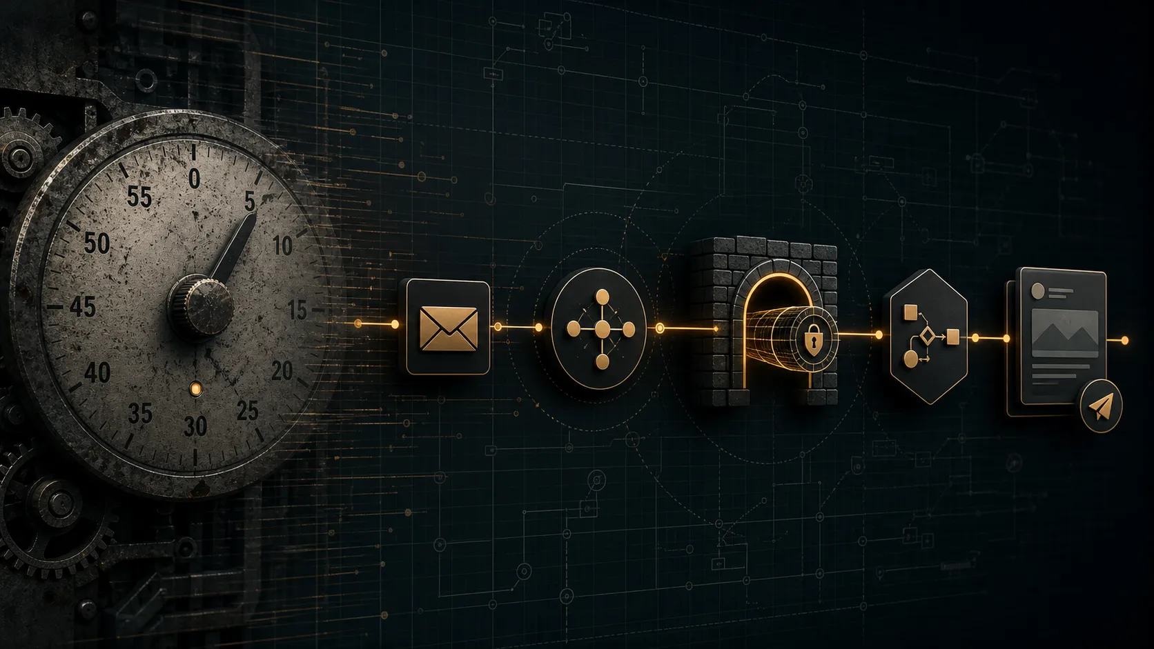 Industrial release automation pipeline showing a polling dial giving way to event-driven mail, Pub/Sub, tunnel, workflow, and staged draft nodes.