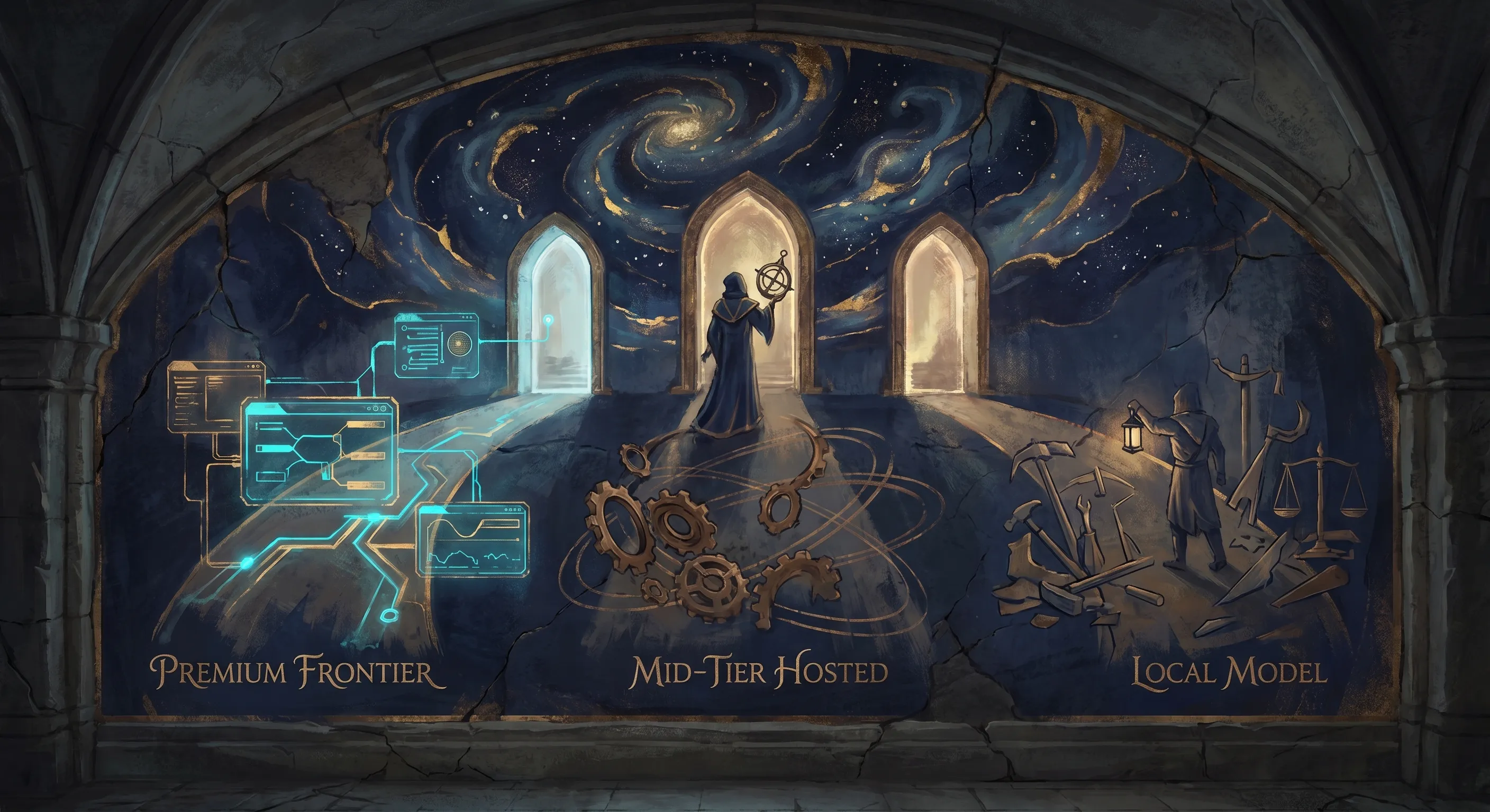 A Foundation Vault style operations chamber with a glowing routing table comparing frontier and local models, blue and gold holographic panels, and an operator choosing where premium intelligence is worth the cost.