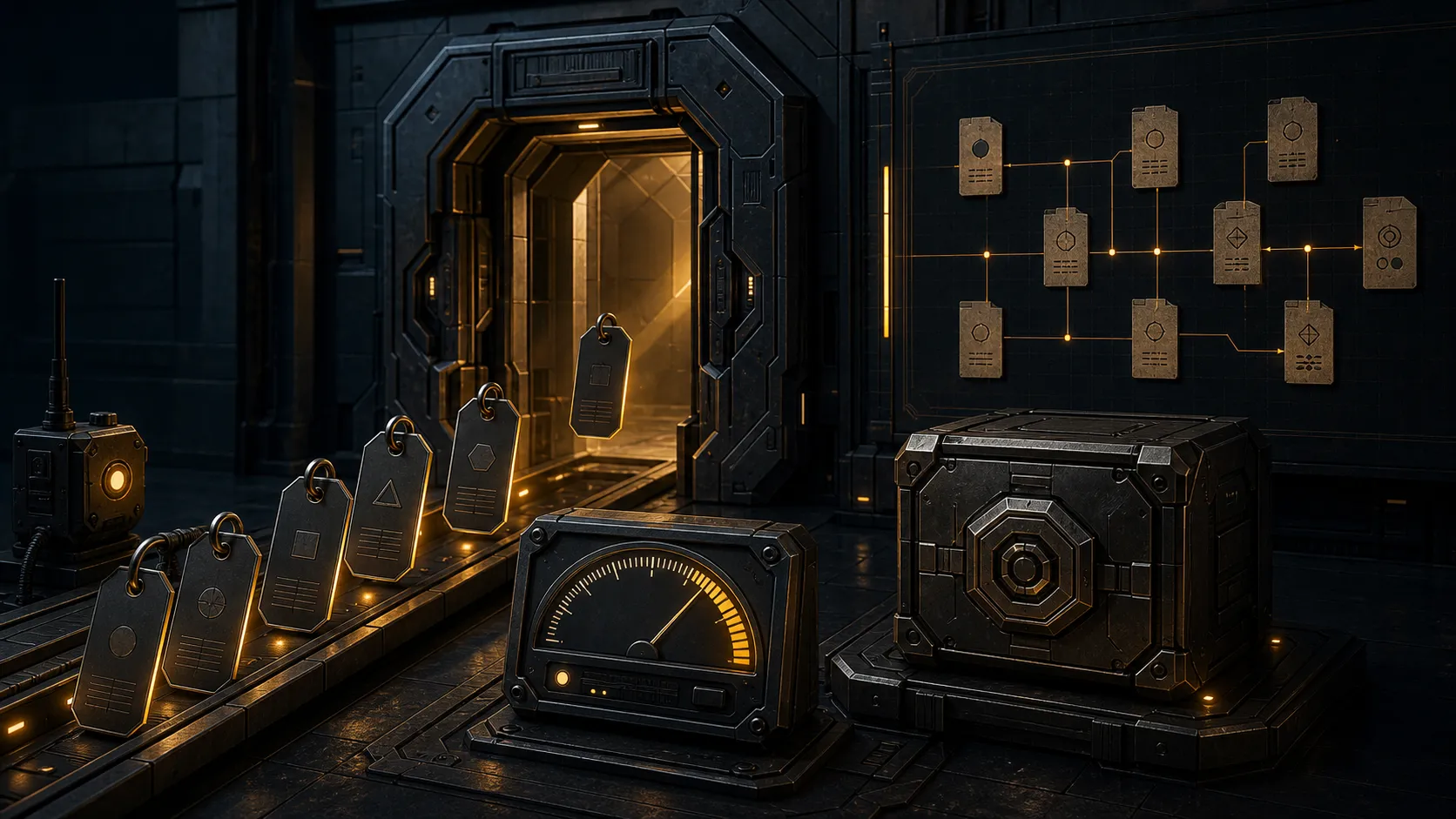Dark operations gateway scene showing budgeted tester keys, encrypted secret storage, public handoff receipts, and a telemetry collector check.