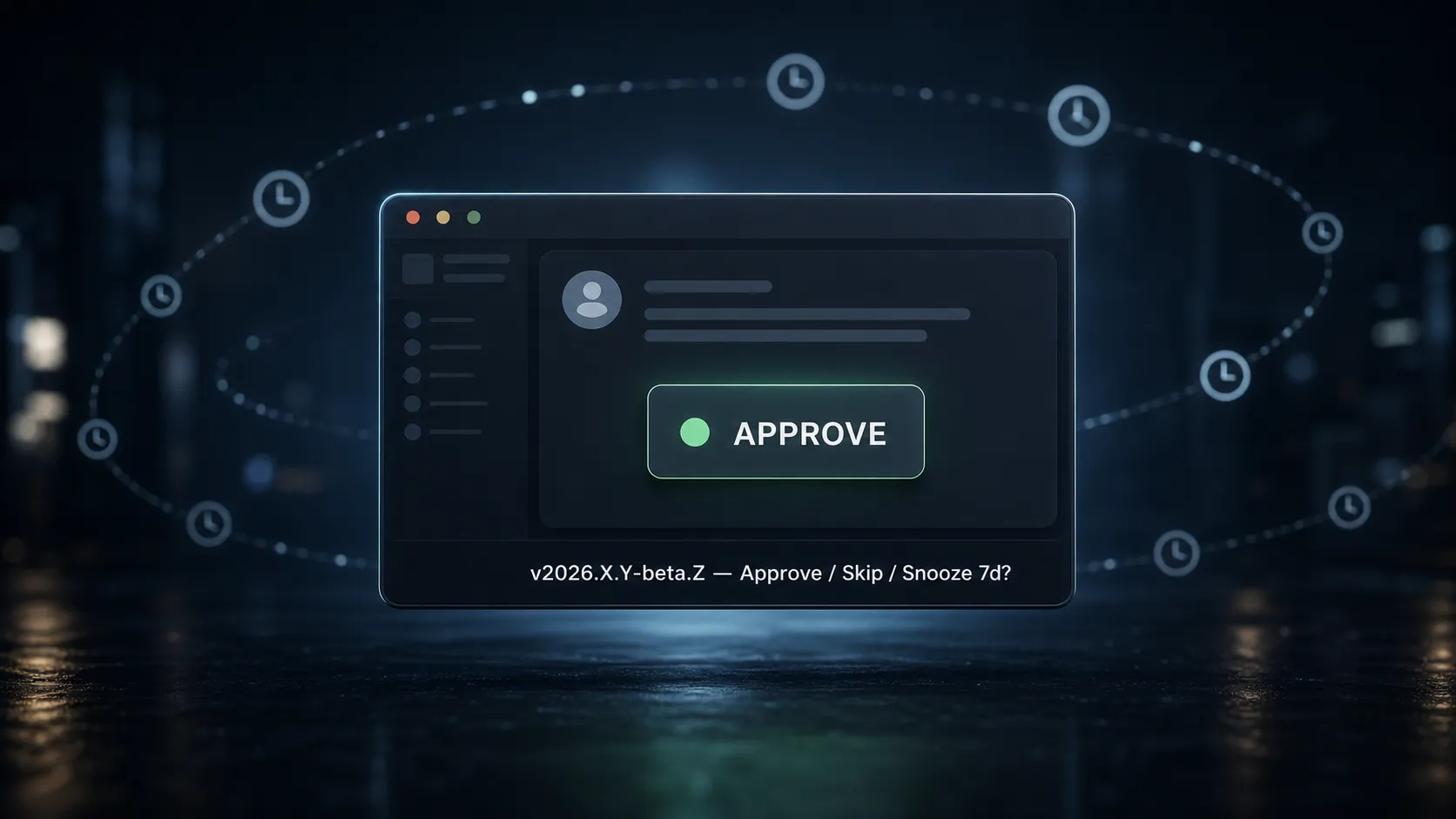 Dark editorial scene of a single Discord thread glowing on a calm desk, one large APPROVE button in the foreground, scheduled cron icons orbiting quietly in the background