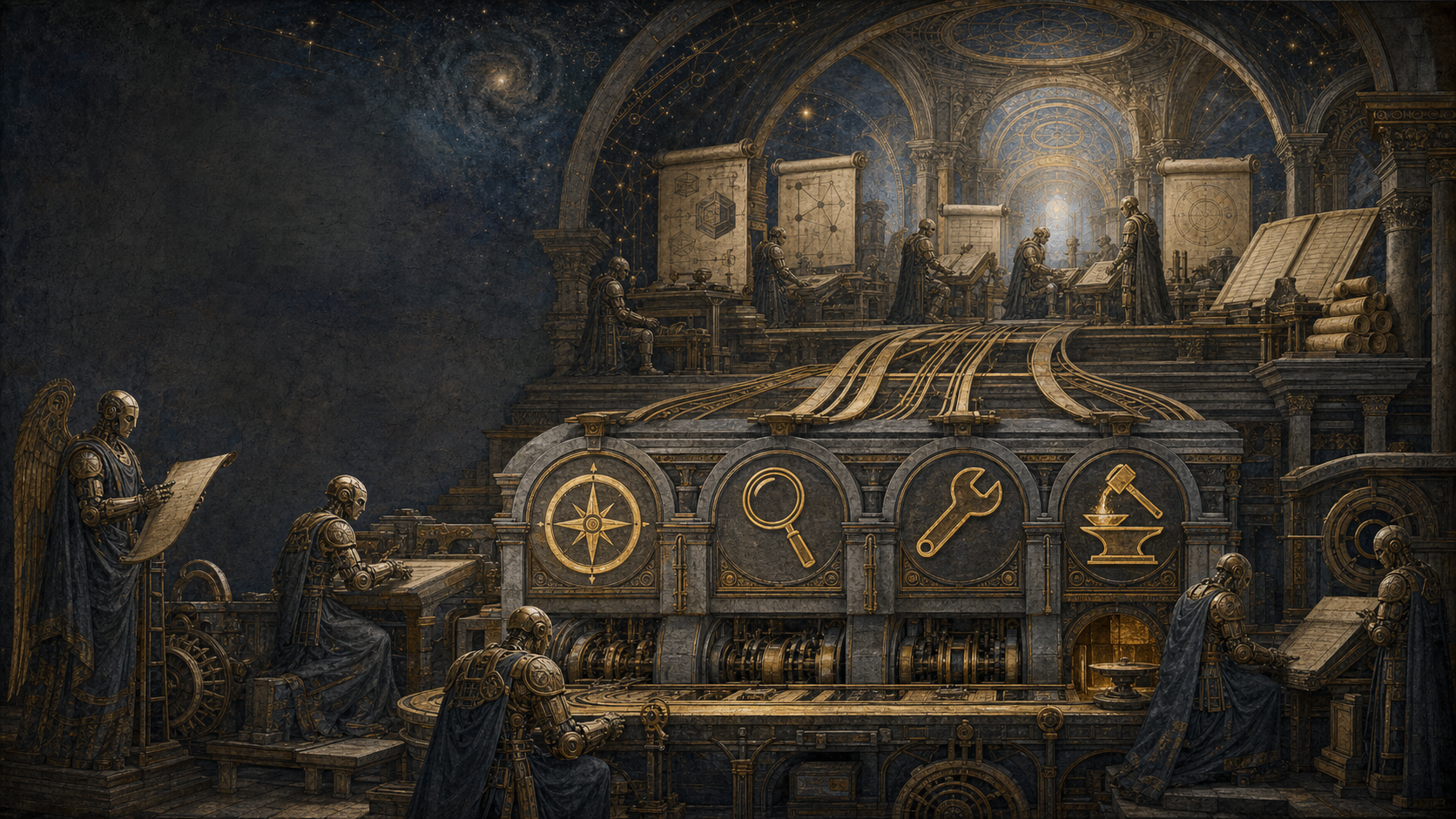 Foundation Vault fresco of autonomous coding loop machinery fed by proof packets, issue graphs, and receipt ledgers