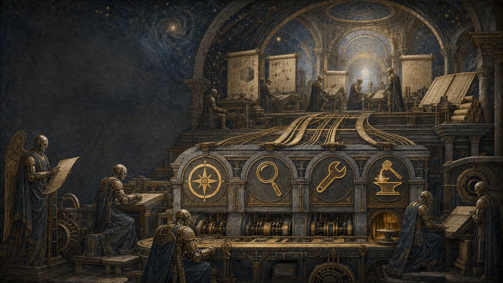 Foundation Vault fresco of autonomous coding loop machinery fed by proof packets, issue graphs, and receipt ledgers