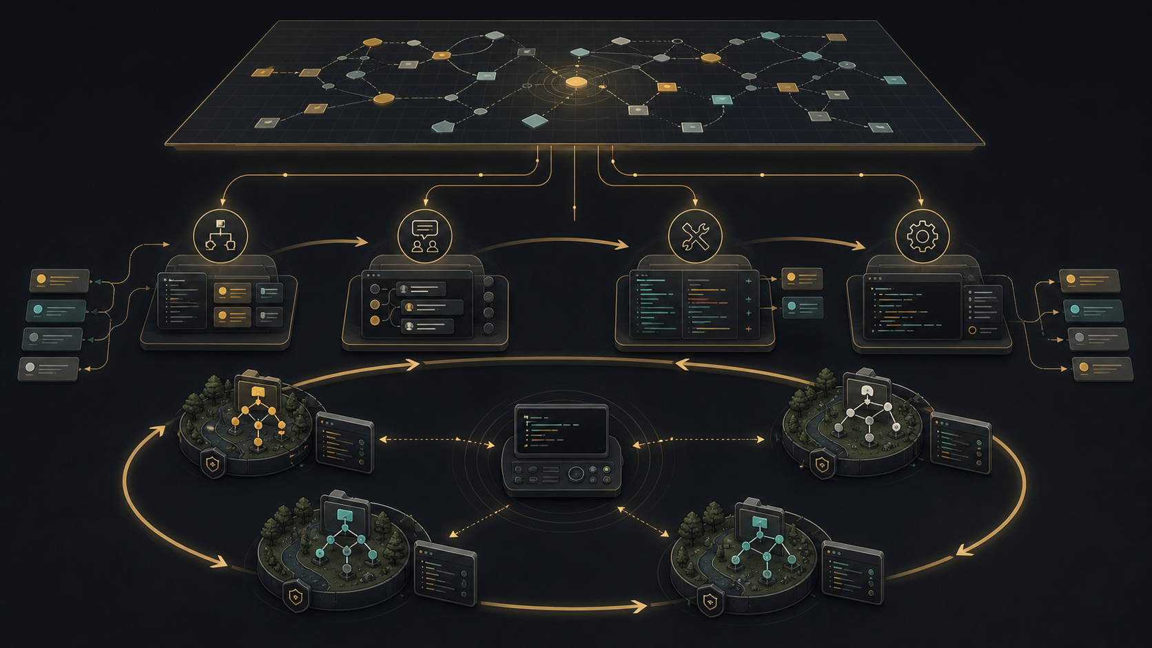 A dark technical control room showing a local daemon loop watching repositories while upstream planning maps feed isolated worktrees and review gates.