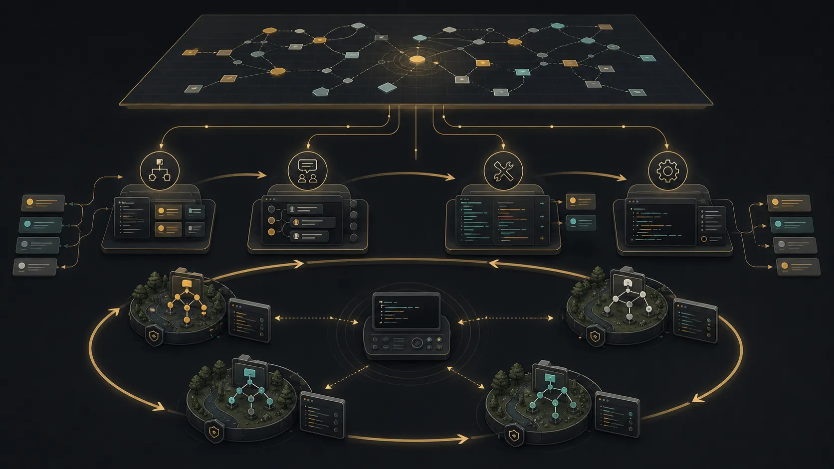 A dark technical control room showing a local daemon loop watching repositories while upstream planning maps feed isolated worktrees and review gates.