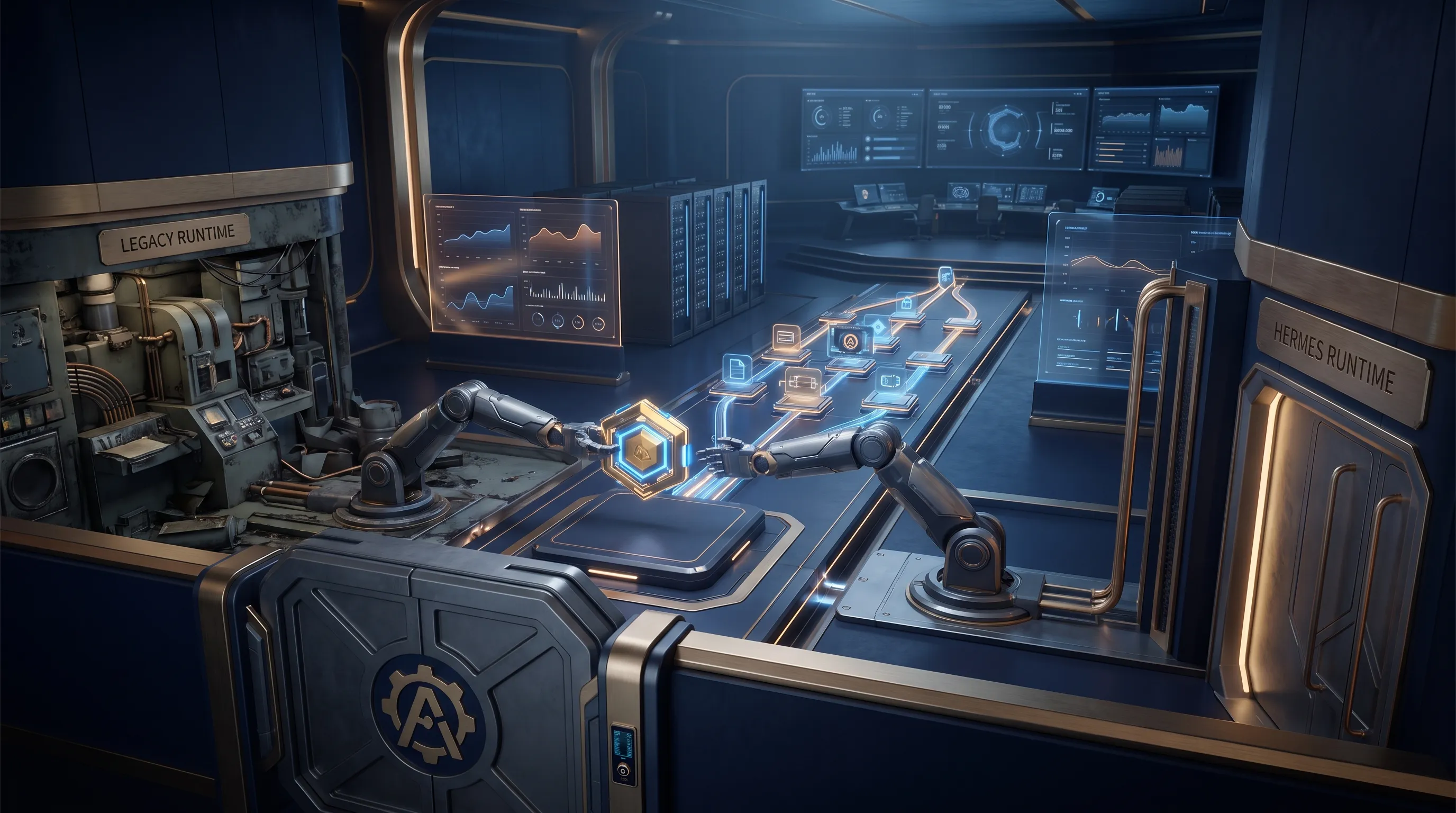 A dark blue and gold operations vault showing an agent runtime custody transfer, with memory, channels, crons, tools, and permissions moving through a guarded access gate.