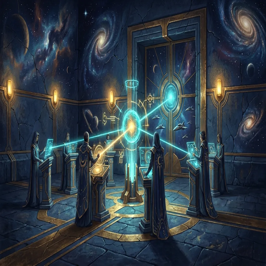 Renaissance sci-fi sentinels testing a glowing release gate before letting a fleet of agents pass through