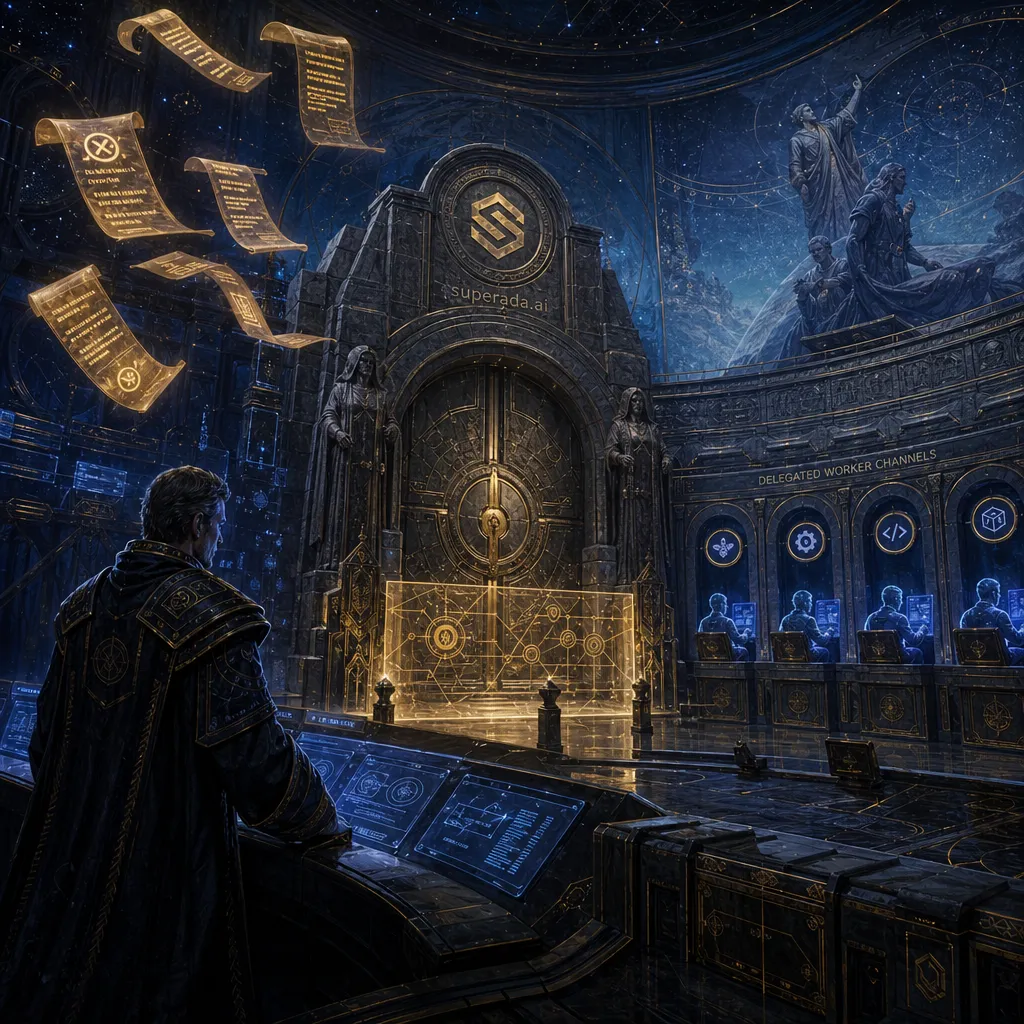 A Foundation Vault style command hall where glowing prompt scrolls drift above an open gate, while a carved runtime barrier and delegated worker channels enforce the real boundary in deep blue and gold.