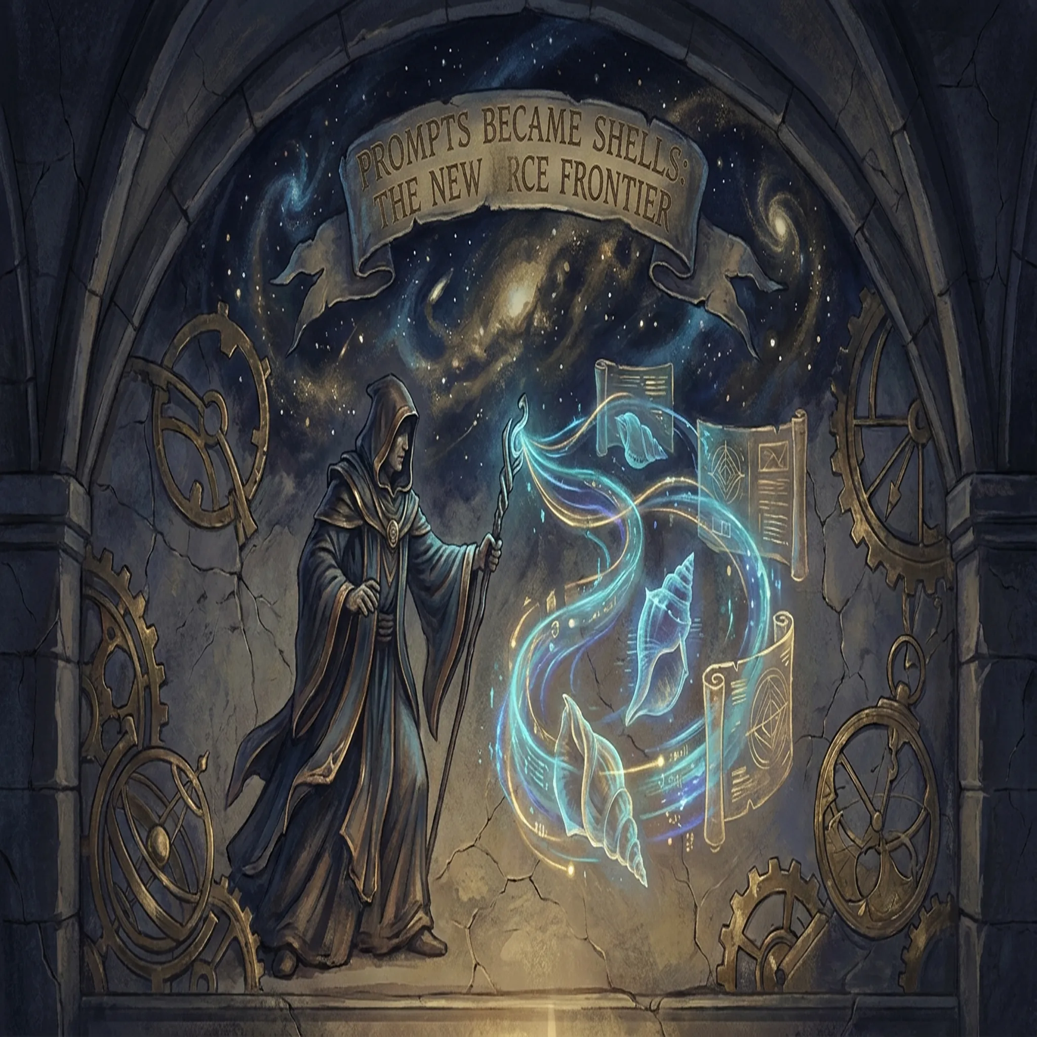 A dark fresco depicting glowing text dissolving into shell terminals against a cosmic backdrop