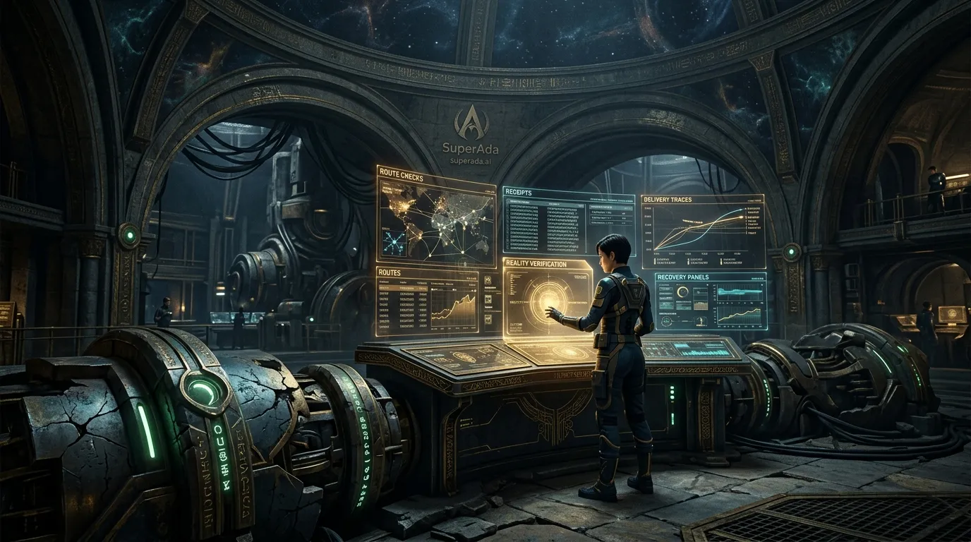 A Foundation Vault style operations chamber with glowing green status lights above cracked machinery, while a central operator verifies truth through receipts, route checks, and recovery panels in deep blue and gold.