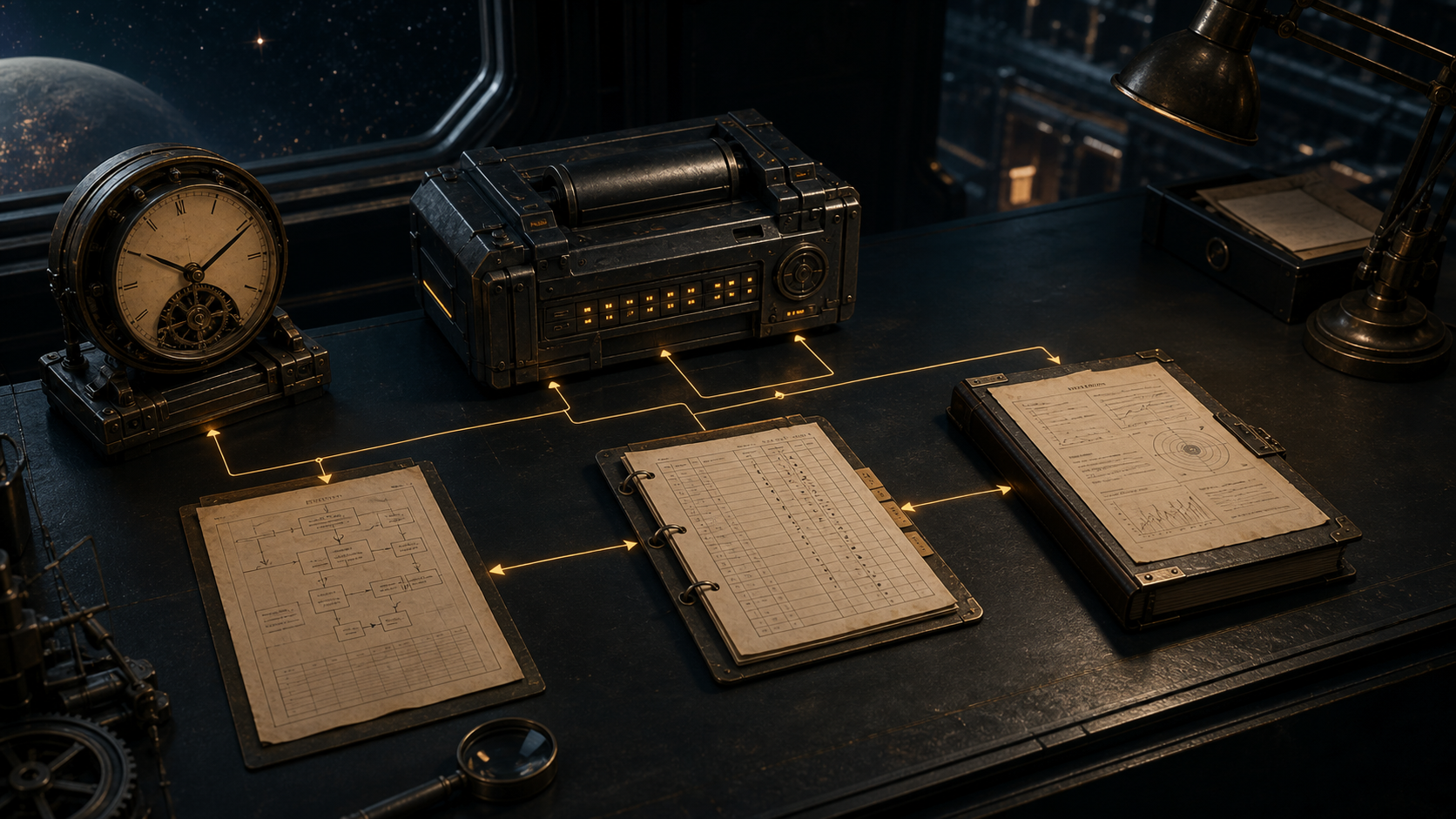 Dark operations desk showing a clock, source payload, input ledger, and report artifact connected by warm receipt-trail lines.