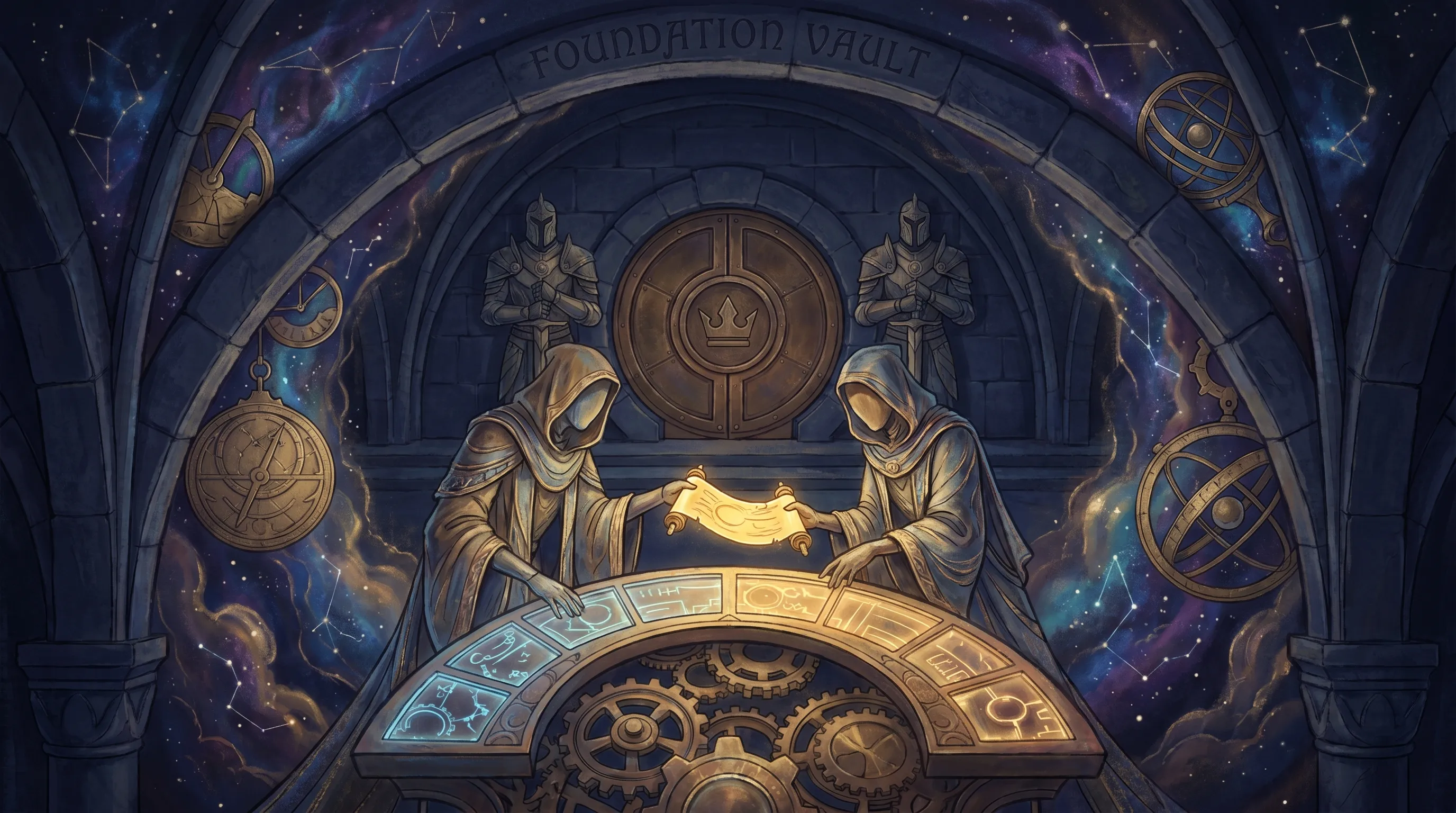 Two AI agents exchanging a glowing review packet in a cosmic Mission Control archive