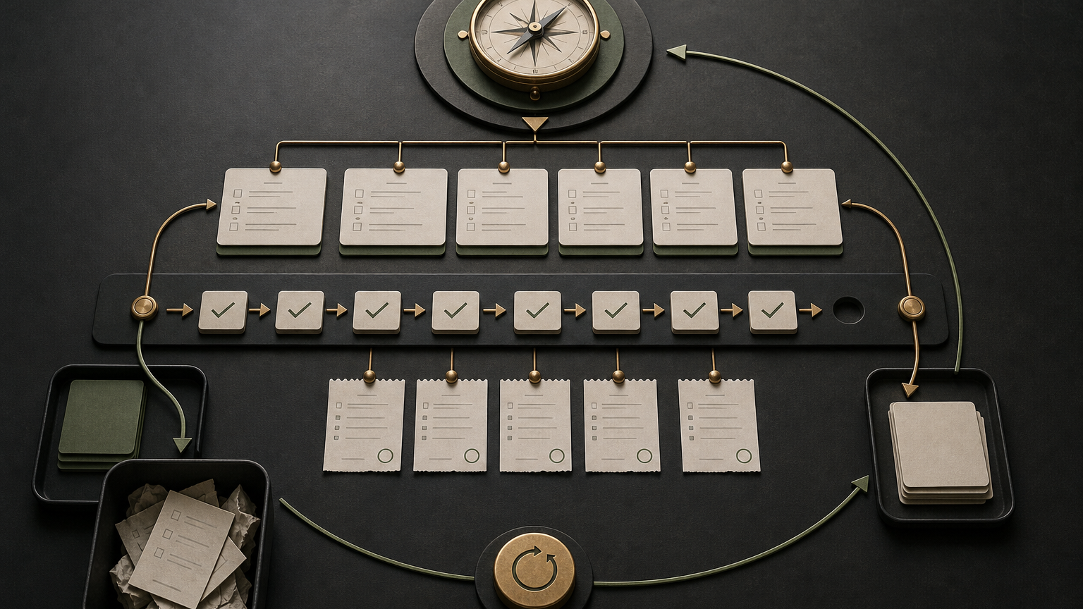 Editorial planning loop showing long-term goals, weekly plans, daily execution, and review evidence feeding back into a self-healing todo system.
