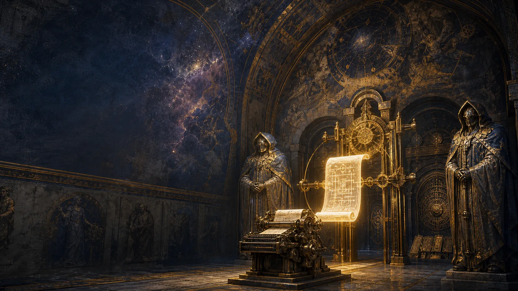 A glowing tool-call scroll passes through a gold proof gate inside a dark archive vault, guarded by sentinels and sealed machinery.