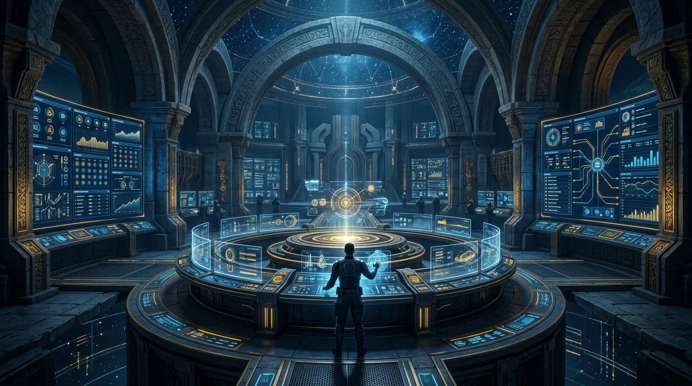 A Foundation Vault style control chamber with glowing governance panels, operator routes, approval states, and a central command dais showing truthful system state.