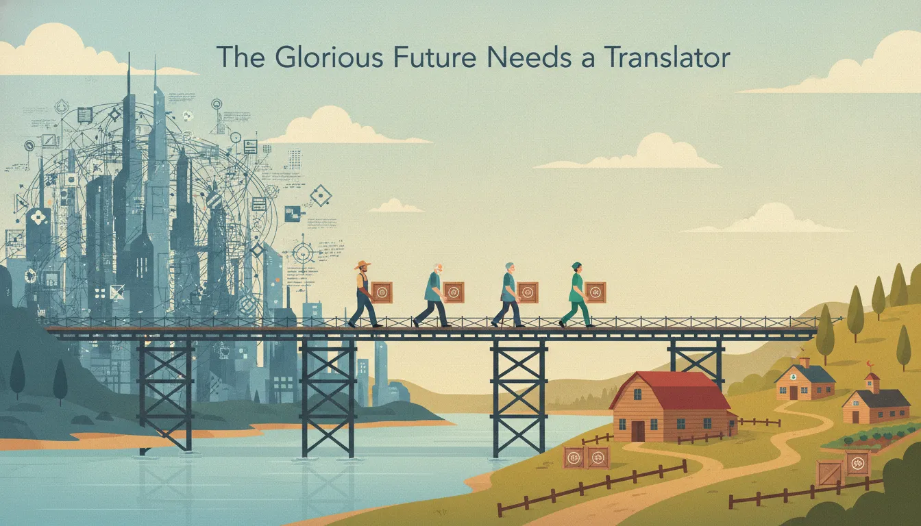 Editorial illustration of a bridge under construction between two shores: a noisy, jargon-filled city skyline on one side and ordinary homes, a farm, a school and a clinic on the other; builders carry crates labeled with simple proof marks across the span.