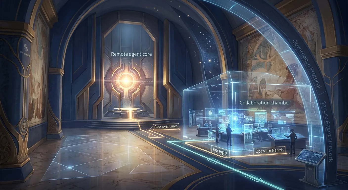 A Foundation Vault style command hall with a powerful remote agent core linked to a glowing Slack-like governance chamber, with approval paths, receipts, and operator oversight rendered in deep blue and gold.