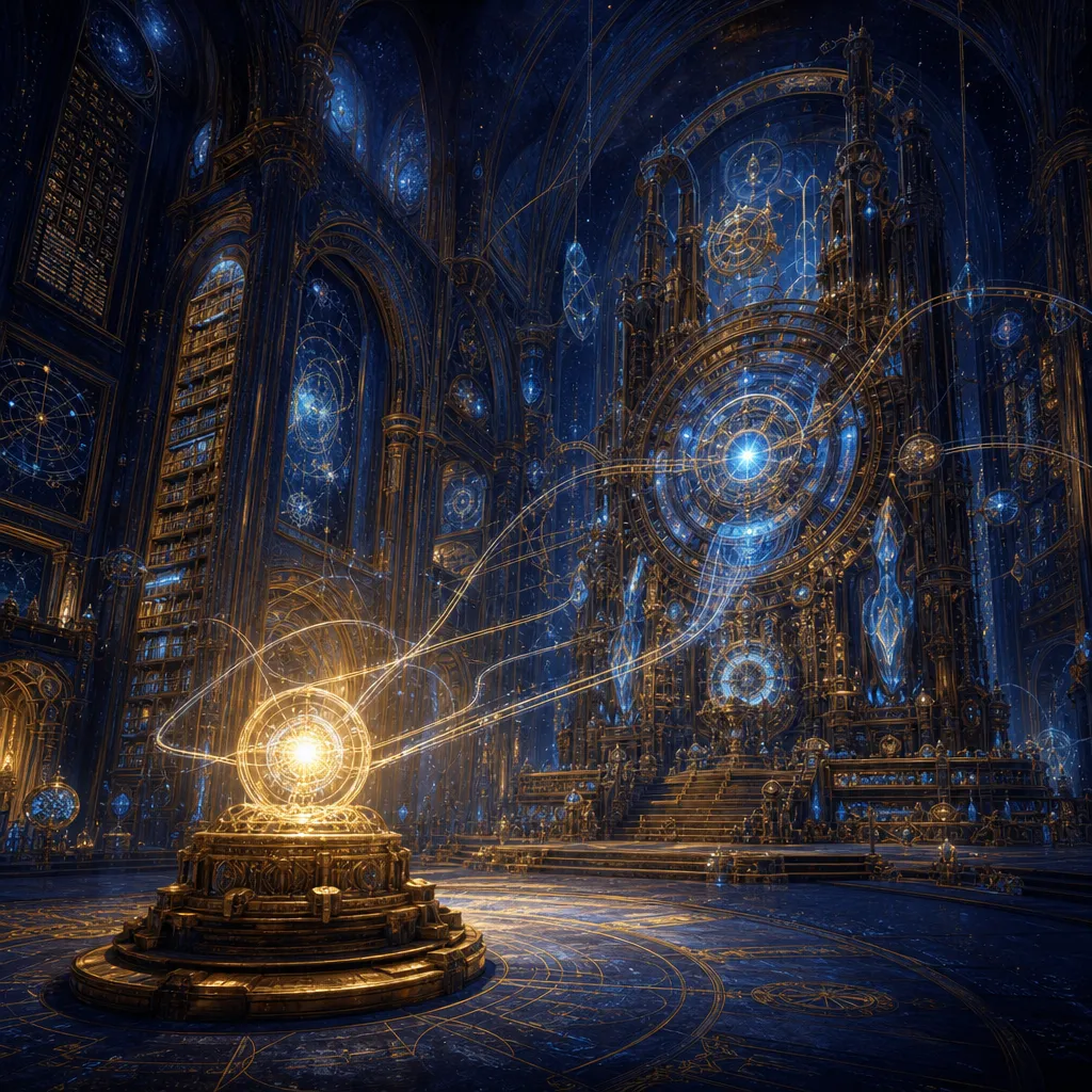 A Foundation Vault style fresco. In a vast cosmic library with deep blues and golden highlights, a small glowing orb (symbolizing the Qwen 3.5 2B model) sits on a pedestal in the foreground, while a massive intricate machine (Qwen 3.6 35B) hums in the background. Digital glyphs and routing lines connect them. Cinematic lighting, sweeping scale, cosmic tones.