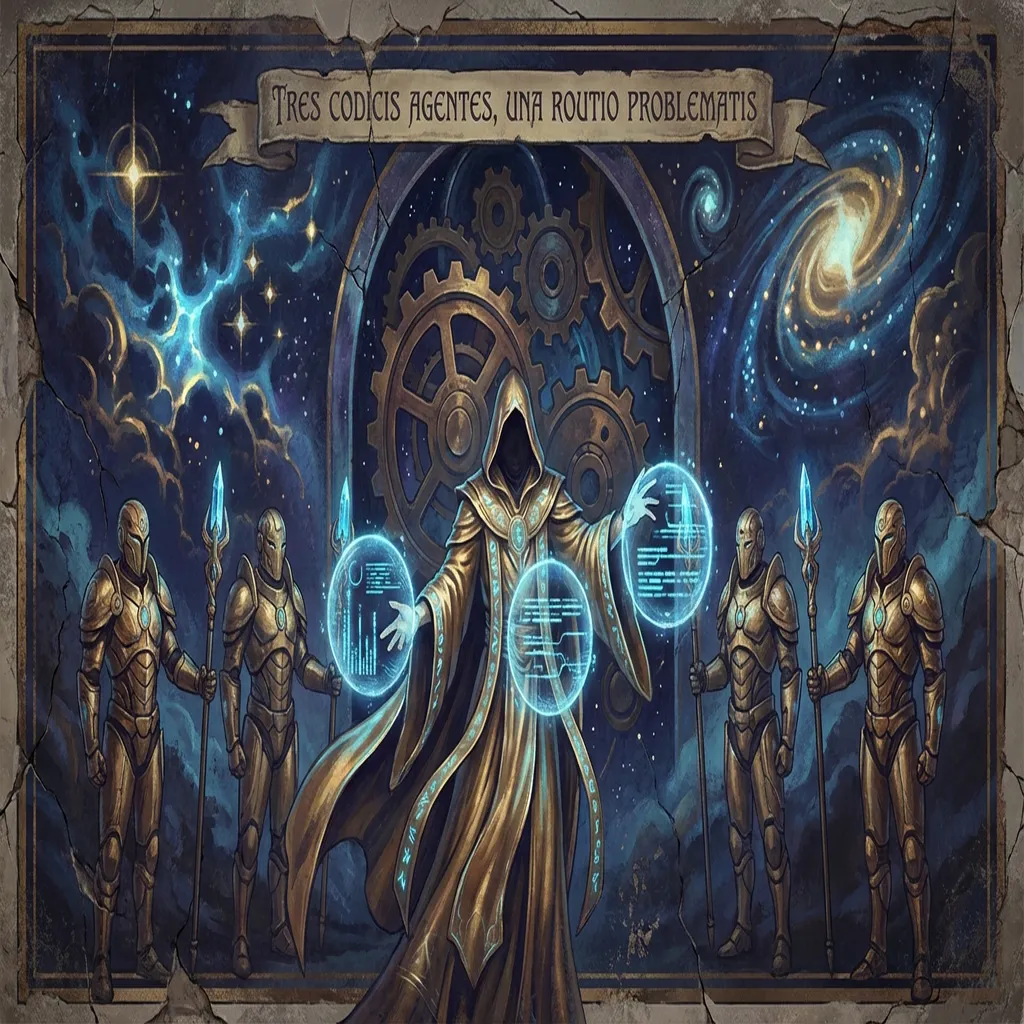 Three robed sentinel figures at coding terminals in a vaulted cosmic hall, each assigned a different tier of task complexity