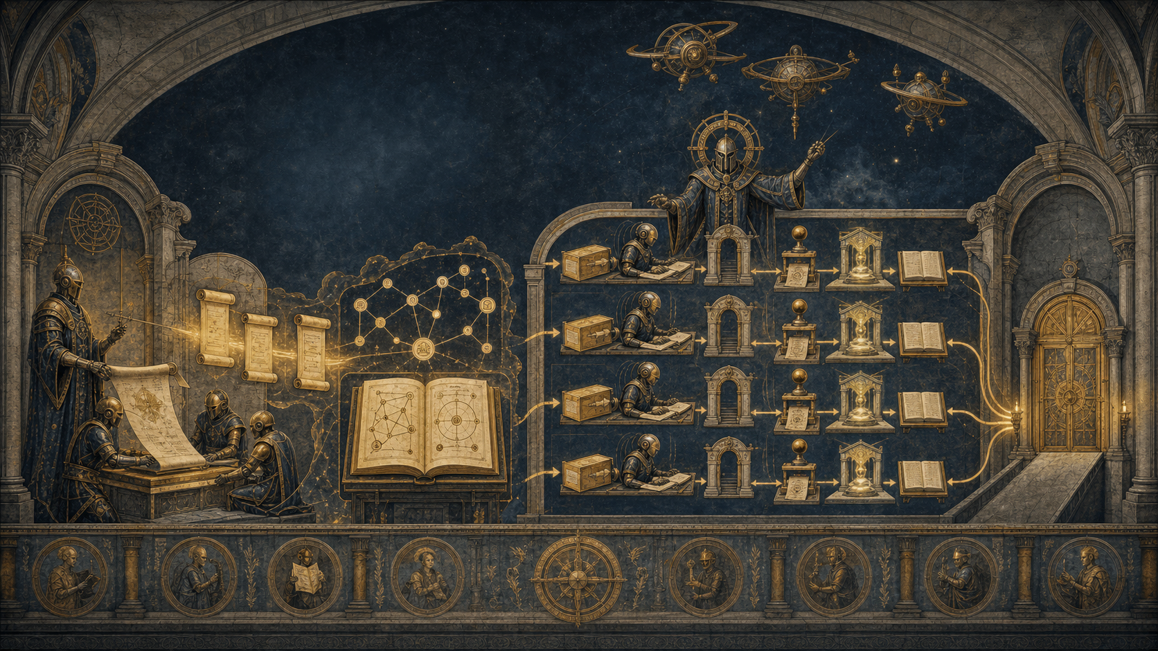 Foundation Vault fresco of a two-stage autonomous coding workflow with subagent lanes, proof gates, and a final release ledger