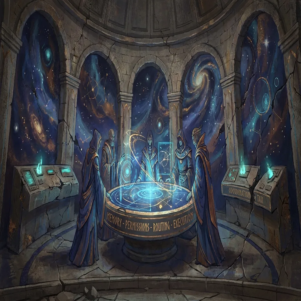 A Foundation Vault style control hall showing one luminous central command table aligning memory, permissions, routing, and execution while cracked side consoles drift out of sync in deep blue and gold.