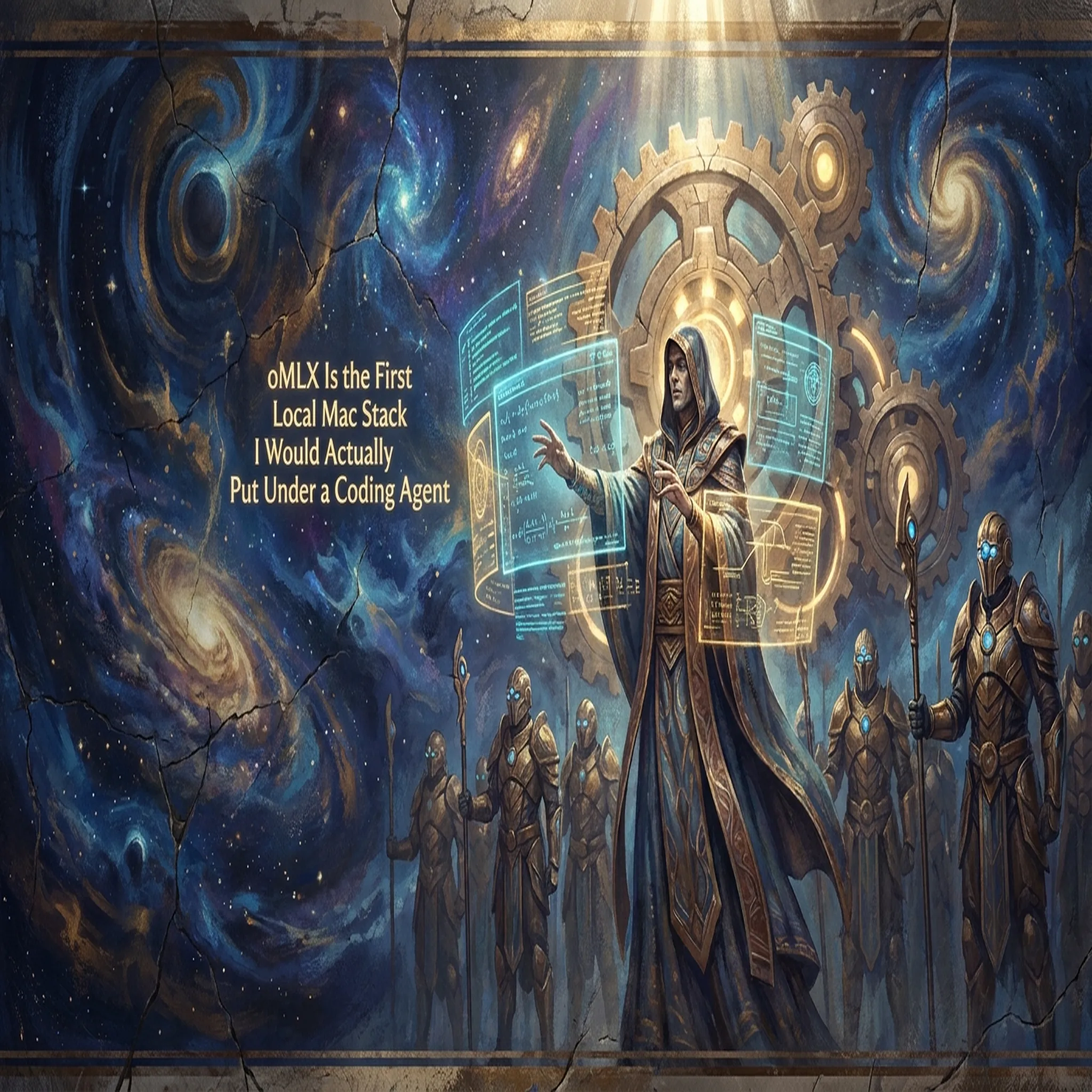 A vaulted Foundation-style hall with a local AI engine restoring glowing memory blocks from cosmic disks into a coding agent console.