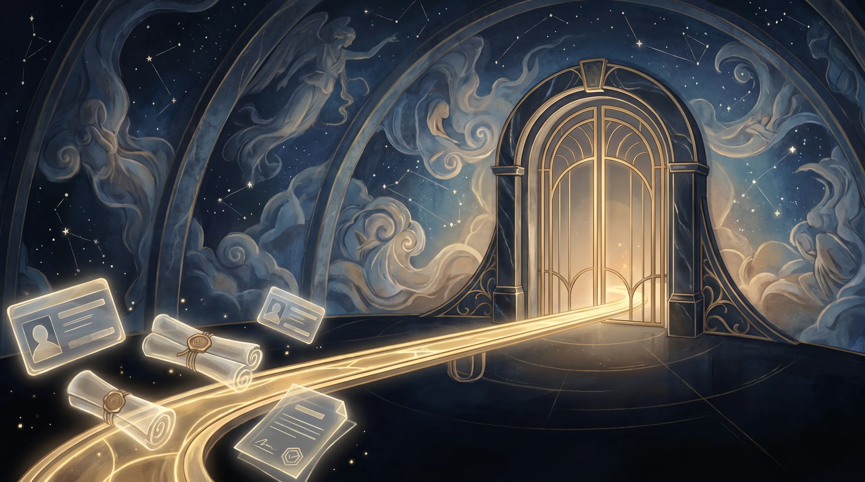 A cosmic blue and gold verification gate holding back agent payment rails until proof, identity, and approval artifacts pass inspection