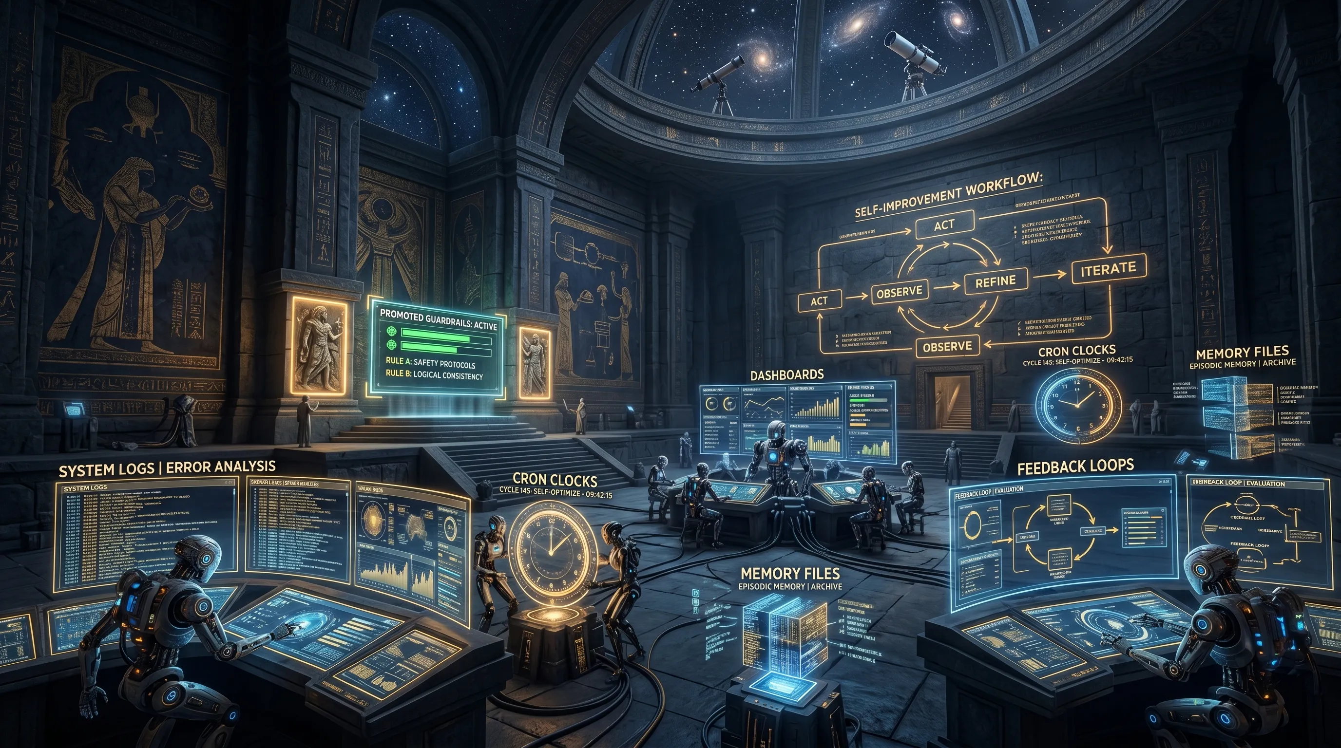 A Foundation-style operations vault filled with autonomous agents, cron clocks, memory files, recursive workflow diagrams, and glowing guardrails.