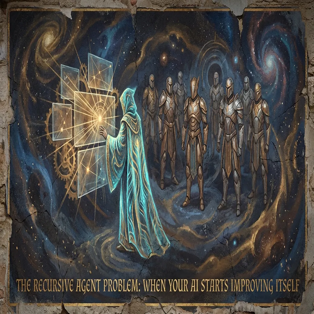 A Foundation Vault fresco depicting an ouroboros of glowing agents in recursive loops