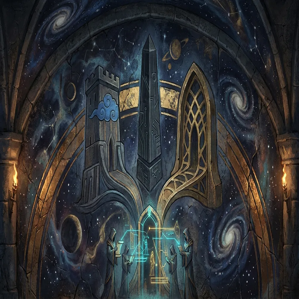 A blue and gold cosmic enterprise control room where three agent governance towers converge on a separate evidence gate checking claims, policies, and operator approvals
