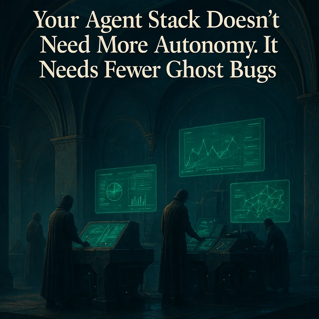 A Foundation Vault style control chamber where elegant green dashboards float above cracked machinery, revealing the hidden ghost bugs underneath.