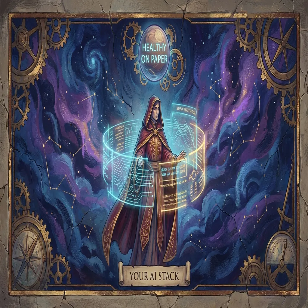 A Foundation Vault style scene of robed operators inspecting glowing machine consoles while one green status light hides deeper failures.